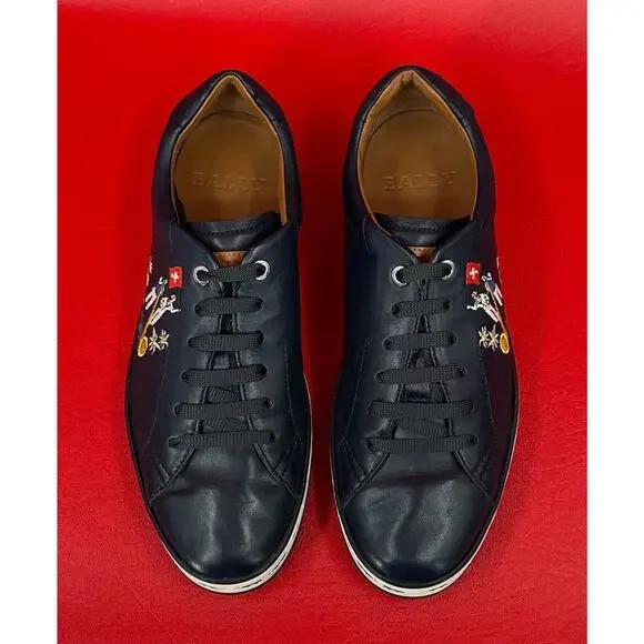 Bally Animal Anistern Navy Blue Leather Low Top Embroidered Sneakers Sz 6 1/2 D